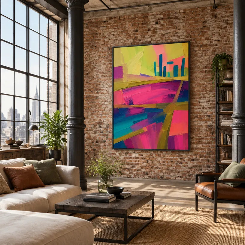 Colorful abstract oil painting showing layered abstract marks, texture and expressive painterly movement in a yellow palette.