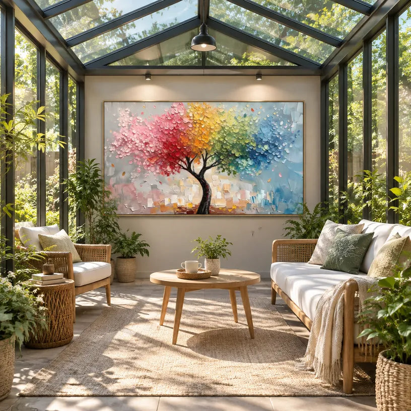 Colorful floral/botanicals & nature oil painting showing botanical forms, flowers or trees arranged in a calm painterly composition.