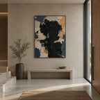 Colorful portraiture & figure oil painting showing a stylized figure or portrait with expressive painterly shapes in a black palette.