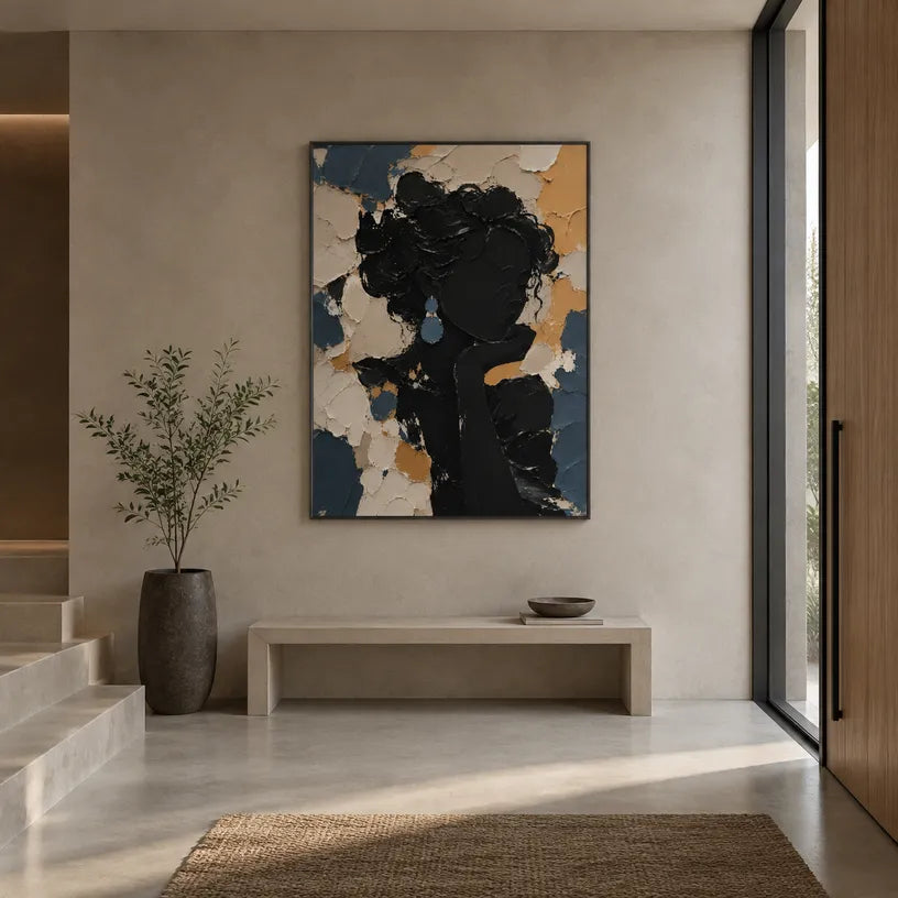 Colorful portraiture & figure oil painting showing a stylized figure or portrait with expressive painterly shapes in a black palette.