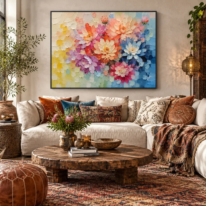 Buntes Blumen-/Pflanzen- und Naturölgemälde mit botanischen Formen, Blumen oder natürlichen Elementen in einer malerischen Komposition.