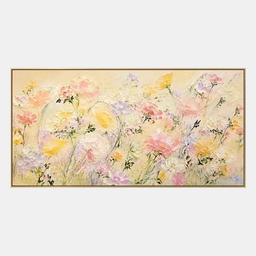 Colorful floral/botanicals & nature oil painting showing botanical forms, flowers or trees arranged in a calm painterly composition in a beige palette.