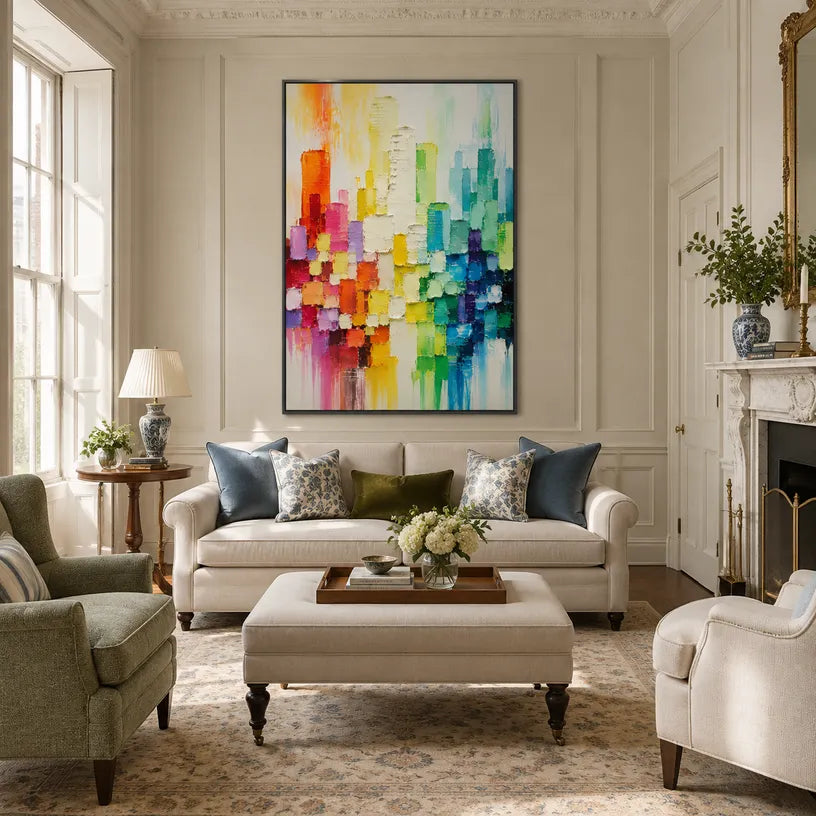 Colorful landscapes & seascapes & cityscapes oil painting showing a stylized city skyline with reflective water and atmospheric light.