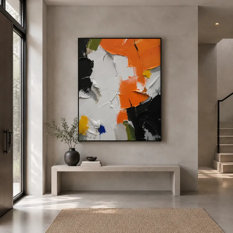 Colorato dipinto a olio astratto e concettuale con segni astratti stratificati, consistenza e movimento pittorico espressivo in una tavolozza arancione.