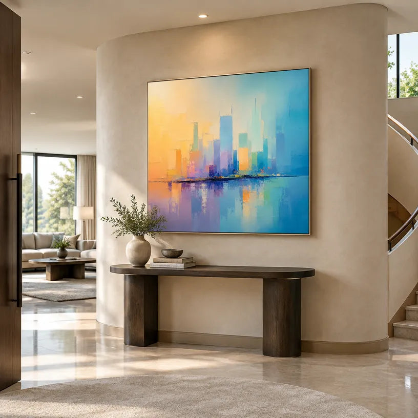 Colorful landscapes & seascapes & cityscapes oil painting showing a stylized city skyline with reflective water and atmospheric light in a blue palette.