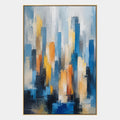 Dipinto a olio con paesaggi colorati, paesaggi marini e paesaggi urbani, caratterizzato da una composizione ispirata a un paesaggio atmosferico, un paesaggio marino o una città in una tavolozza blu.
