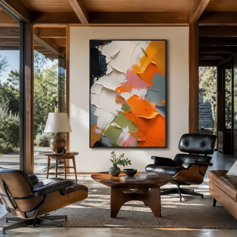 Colorful abstract oil painting showing layered abstract marks, texture and expressive painterly movement in a orange palette.