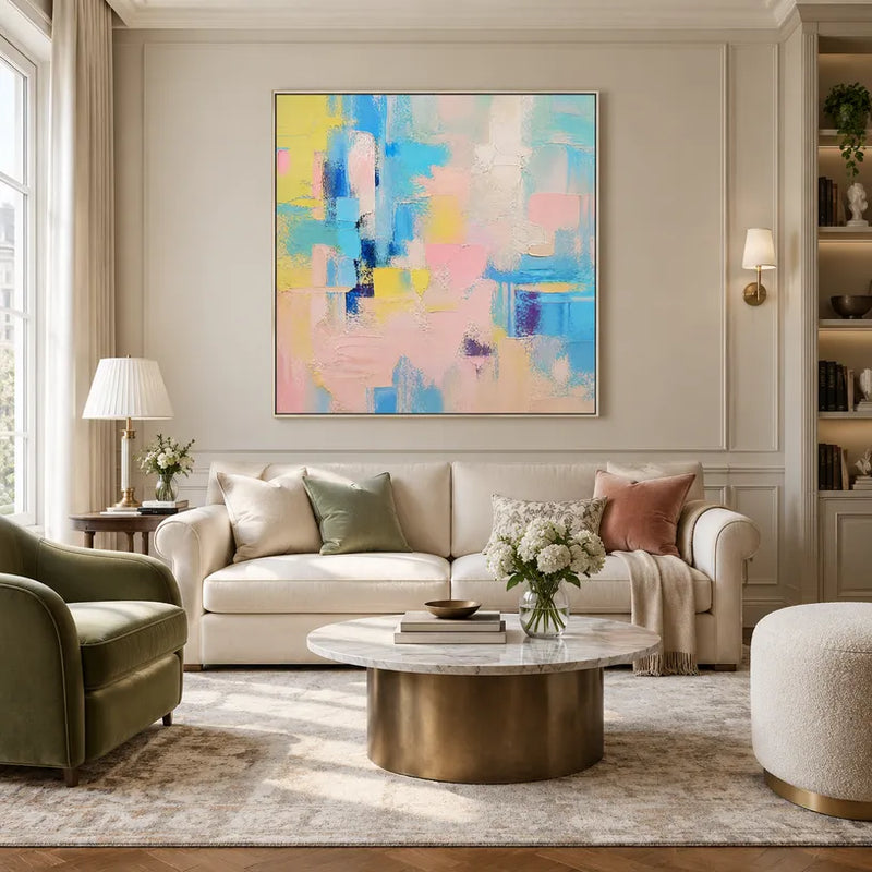 Colorato dipinto a olio astratto e concettuale con segni astratti stratificati, consistenza e movimento pittorico espressivo.