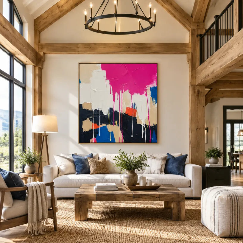 Colorful abstract oil painting showing layered abstract marks, texture and expressive painterly movement.