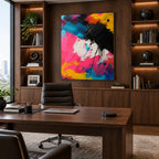 Colorful abstract oil painting showing layered abstract marks, texture and expressive painterly movement in a grey palette.