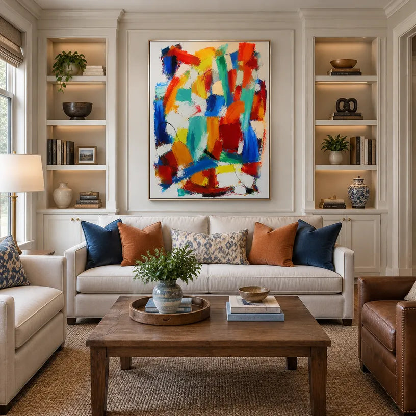 Colorful abstract oil painting showing layered abstract marks, texture and expressive painterly movement.