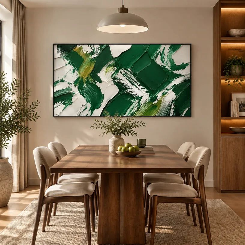 Colorful abstract oil painting showing layered abstract marks, texture and expressive painterly movement in a green palette.