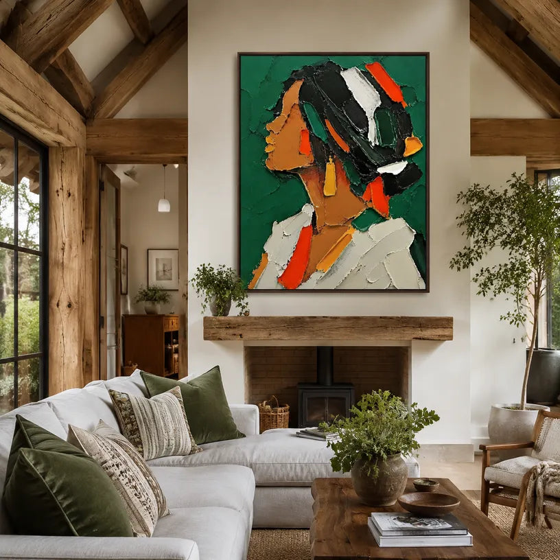 Colorful portraiture & figure oil painting showing a stylized figure or portrait with expressive painterly shapes in a green palette.