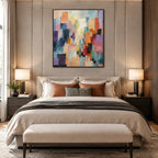 Colorful landscapes & seascapes & cityscapes oil painting showing a stylized city skyline with reflective water and atmospheric light.