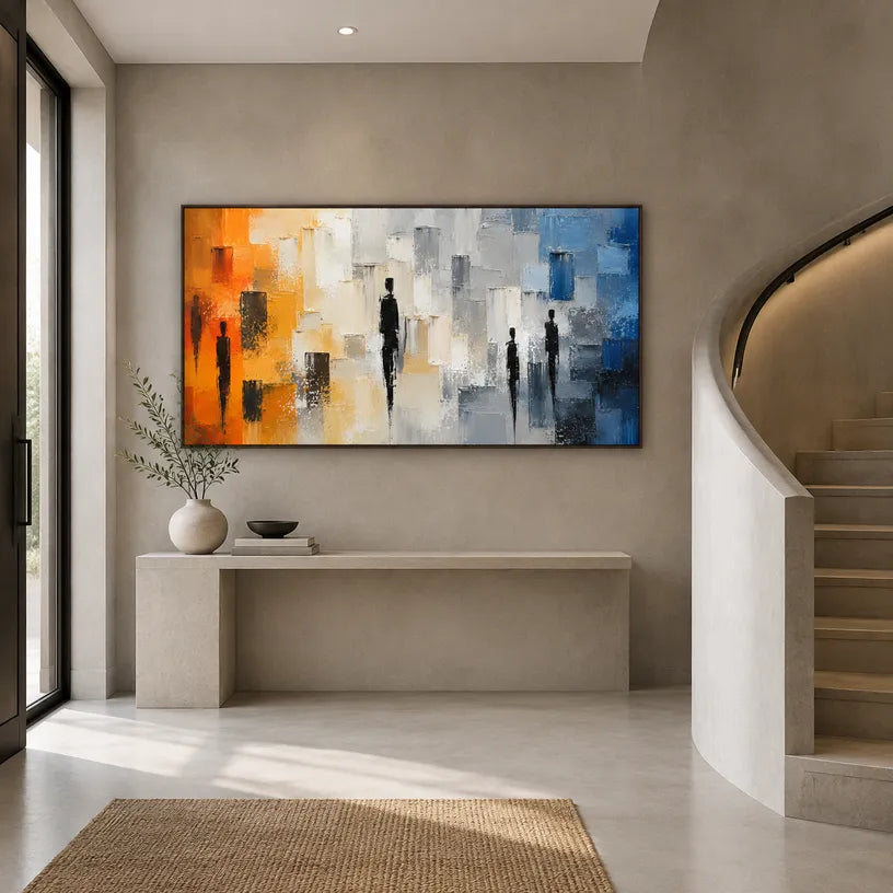 Colorful landscapes & seascapes & cityscapes oil painting showing a stylized city skyline with reflective water and atmospheric light.