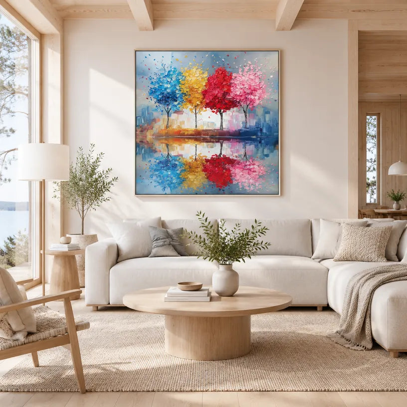 Colorful floral/botanicals & nature oil painting showing botanical forms, flowers or trees arranged in a calm painterly composition in a blue palette.