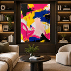 Colorful abstract oil painting showing layered abstract marks, texture and expressive painterly movement.