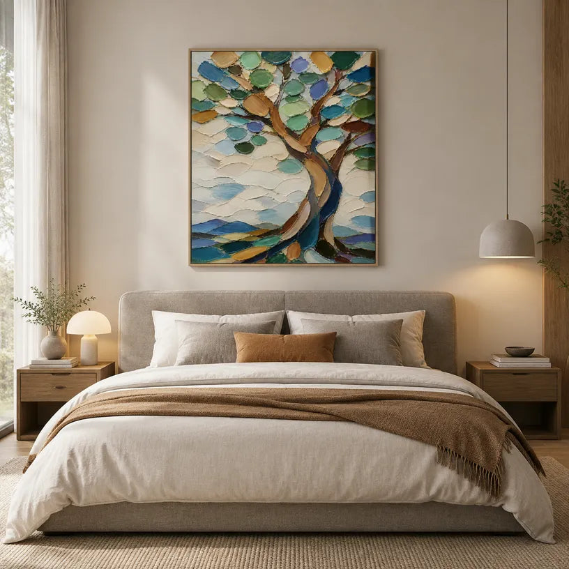 Colorful floral/botanicals & nature oil painting showing botanical forms, flowers or trees arranged in a calm painterly composition.