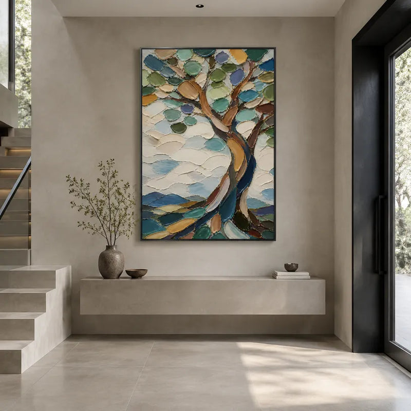 Colorato dipinto a olio floreale/botanico e naturalistico con forme botaniche, fiori o elementi naturali in una composizione pittorica in una tavolozza beige.