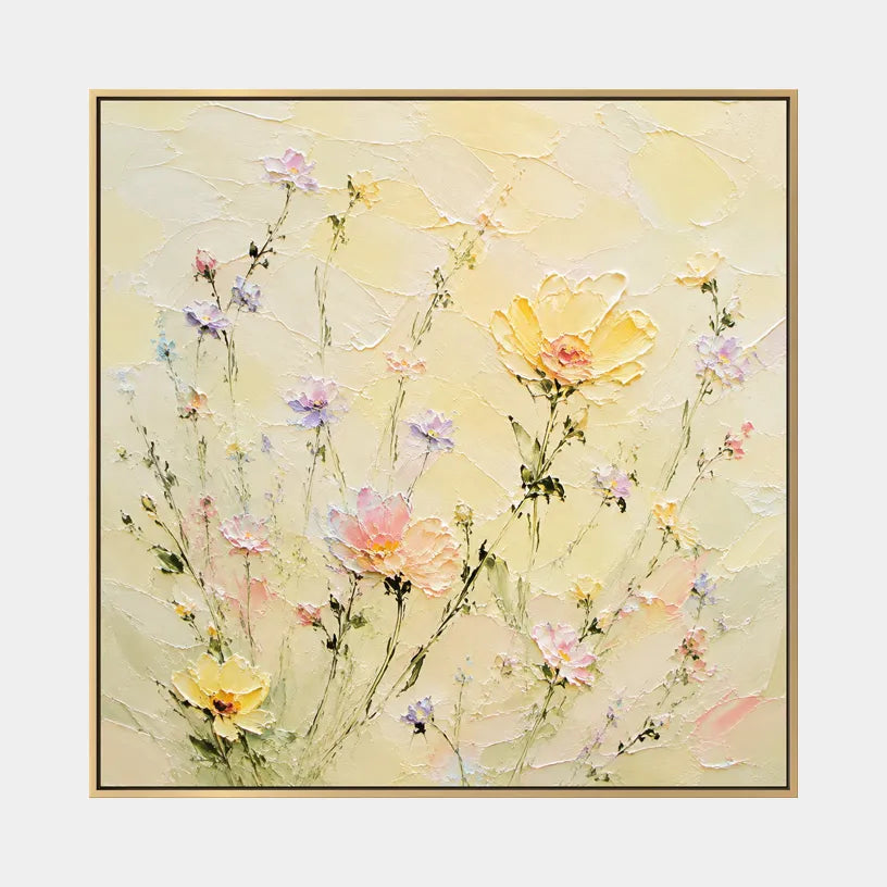 Colorful floral/botanicals & nature oil painting showing botanical forms, flowers or trees arranged in a calm painterly composition in a beige palette.