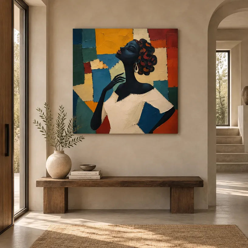 Colorful portraiture & figure oil painting showing a stylized figure or portrait with expressive painterly shapes.