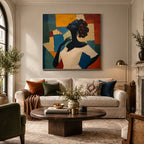 Colorful portraiture & figure oil painting showing a stylized figure or portrait with expressive painterly shapes.