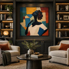 Colorful portraiture & figure oil painting showing a stylized figure or portrait with expressive painterly shapes.
