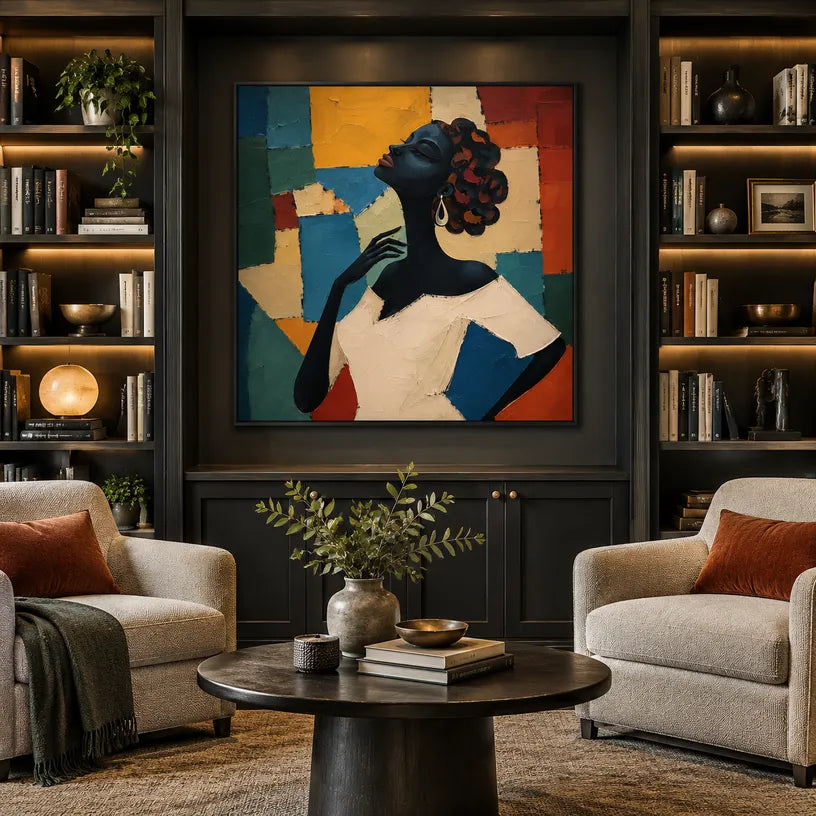 Colorful portraiture & figure oil painting showing a stylized figure or portrait with expressive painterly shapes.