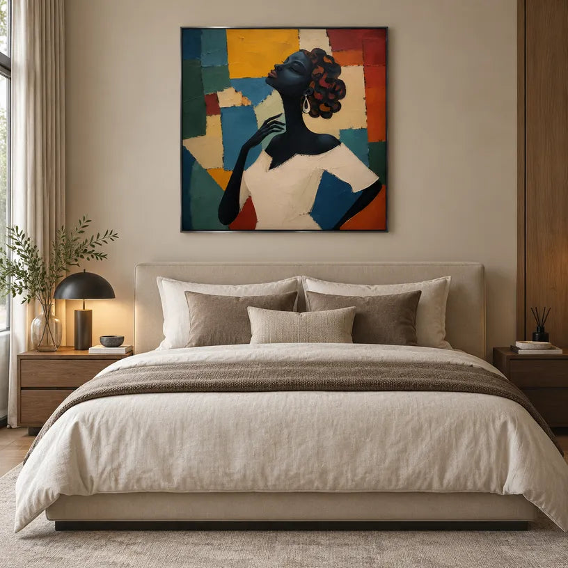 Colorful portraiture & figure oil painting showing a stylized figure or portrait with expressive painterly shapes.
