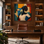 Colorful portraiture & figure oil painting showing a stylized figure or portrait with expressive painterly shapes.