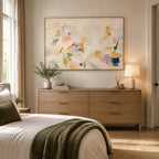 Colorful abstract oil painting showing layered abstract marks, texture and expressive painterly movement in a beige palette.
