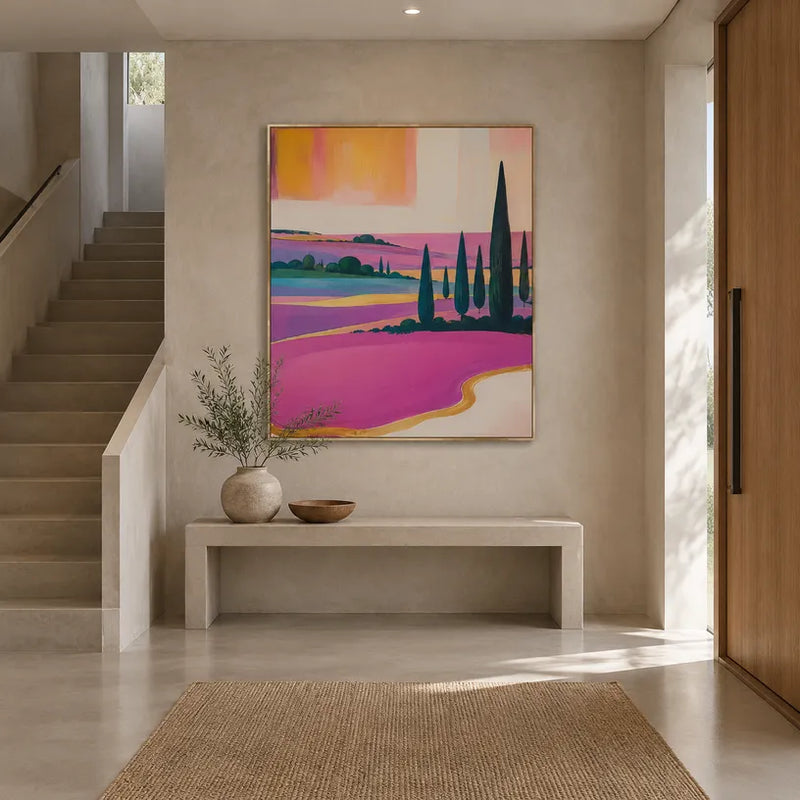 Peinture à l'huile de paysages colorés, de paysages marins et de paysages urbains présentant un paysage atmosphérique, un paysage marin ou une composition inspirée de la ville dans une palette violette.