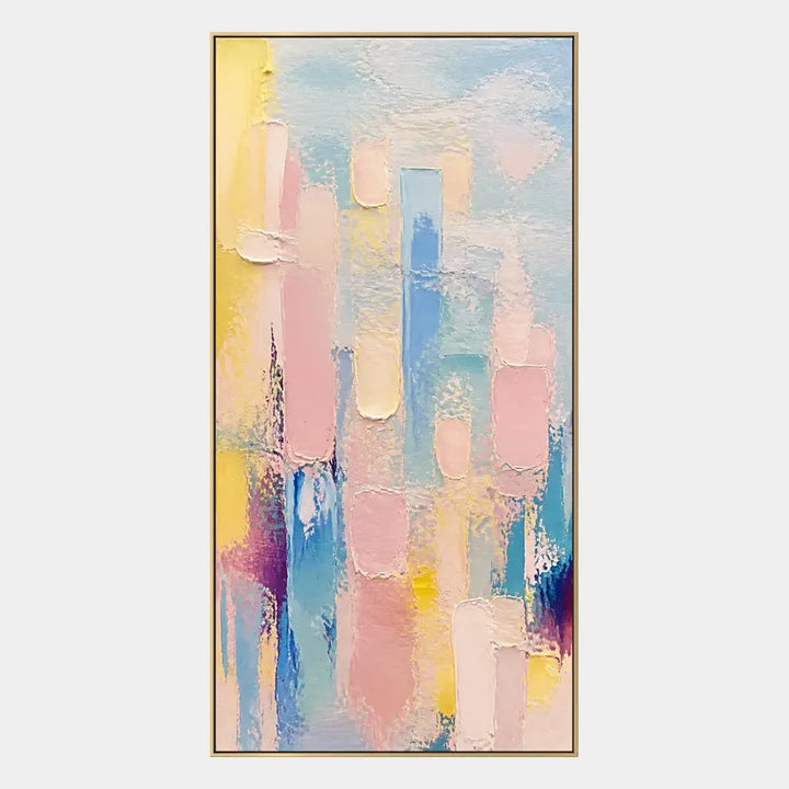 Peinture à l'huile abstraite et conceptuelle colorée présentant des marques abstraites superposées, une texture et un mouvement pictural expressif.