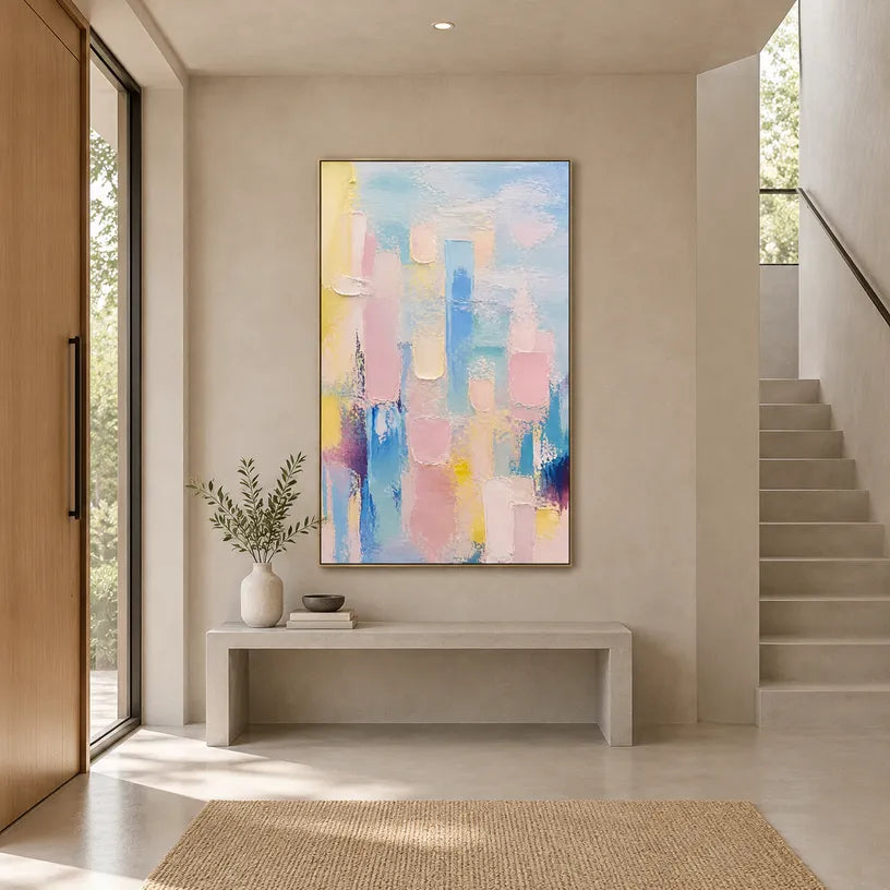 Colorful abstract oil painting showing layered abstract marks, texture and expressive painterly movement.
