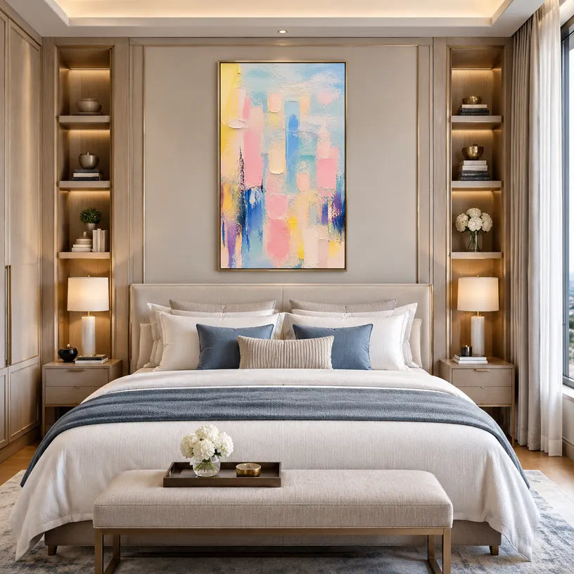 Colorful abstract oil painting showing layered abstract marks, texture and expressive painterly movement.