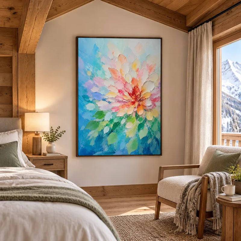 Peinture à l'huile colorée florale/botanique et naturelle présentant des formes botaniques, des fleurs ou des éléments naturels dans une composition picturale dans une palette bleue.