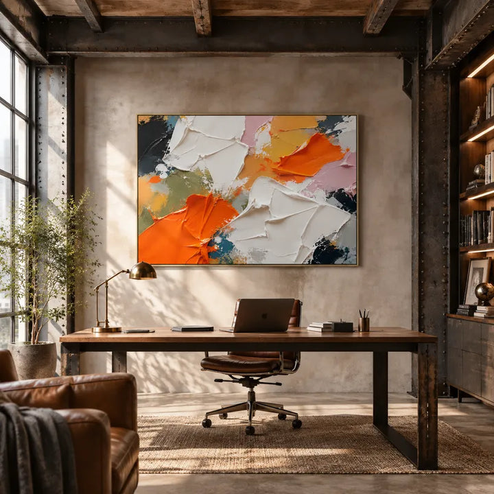Peinture à l'huile abstraite et conceptuelle colorée présentant des marques abstraites superposées, une texture et un mouvement pictural expressif.