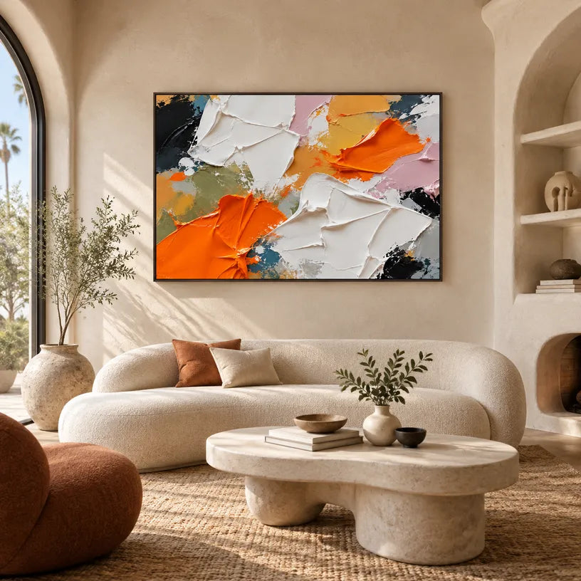 Colorful abstract oil painting showing layered abstract marks, texture and expressive painterly movement in a orange palette.