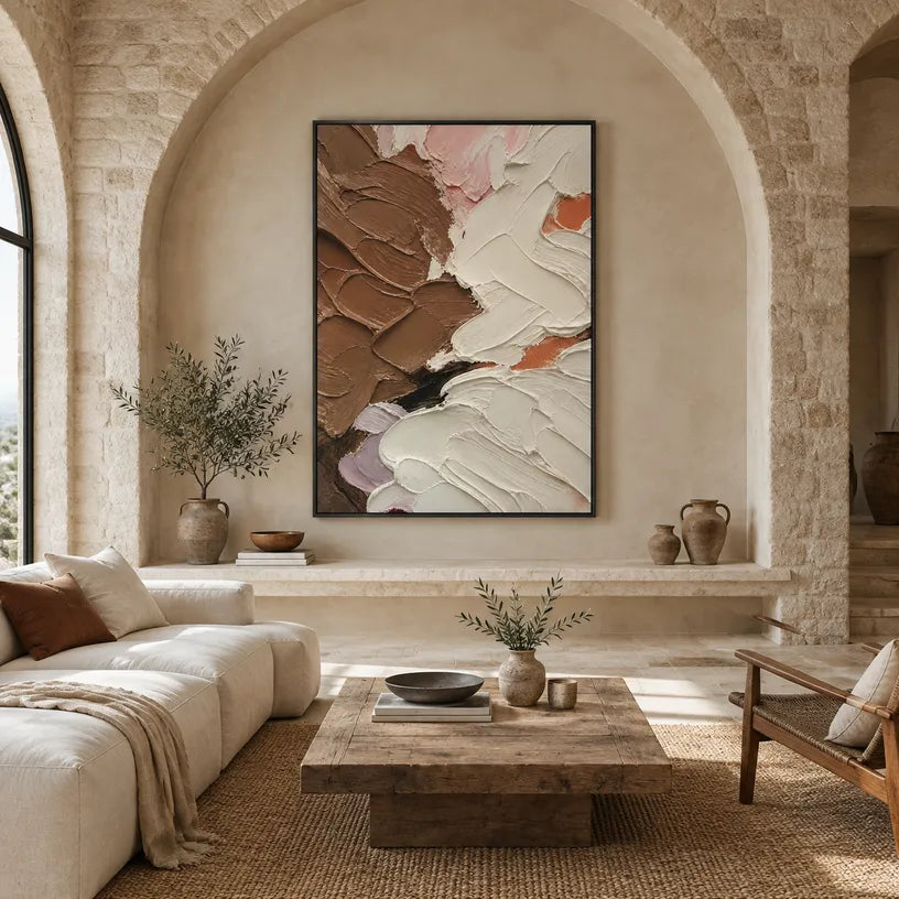 Colorful abstract oil painting showing layered abstract marks, texture and expressive painterly movement in a brown palette.