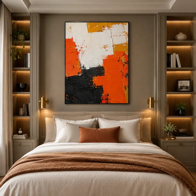 Colorful abstract oil painting showing layered abstract marks, texture and expressive painterly movement in a orange palette.
