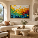 Colorful abstract oil painting showing layered abstract marks, texture and expressive painterly movement.