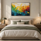 Colorful abstract oil painting showing layered abstract marks, texture and expressive painterly movement.
