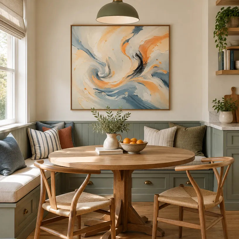 Colorful abstract oil painting showing layered abstract marks, texture and expressive painterly movement in a beige palette.