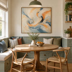 Colorful abstract oil painting showing layered abstract marks, texture and expressive painterly movement in a beige palette.