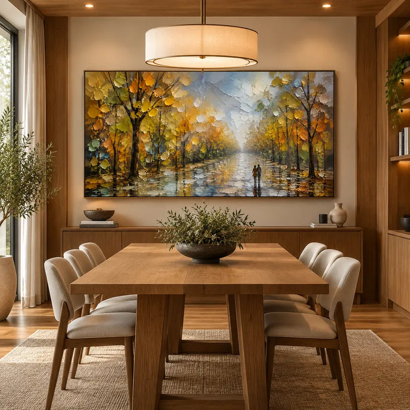 Dipinto a olio con paesaggi colorati, paesaggi marini e paesaggi urbani, caratterizzato da una composizione ispirata a un paesaggio atmosferico, un paesaggio marino o una città in una tavolozza gialla.