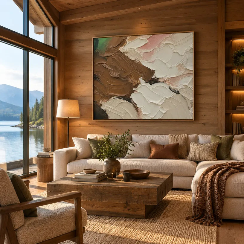 Colorful abstract oil painting showing layered abstract marks, texture and expressive painterly movement in a brown palette.