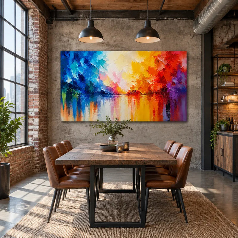 Dipinto a olio con paesaggi colorati, paesaggi marini e paesaggi urbani, caratterizzato da una composizione ispirata a paesaggi atmosferici, paesaggi marini o città.