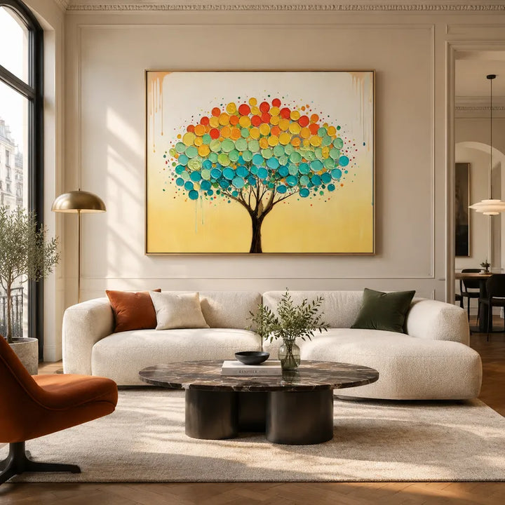 Peinture à l'huile florale/botanique et naturelle colorée présentant des formes botaniques, des fleurs ou des éléments naturels dans une composition picturale.