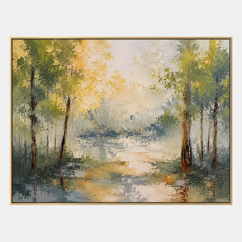 Expressionist landscapes & seascapes & cityscapes oil painting showing a painterly landscape with distant hills, trees or reflective water in a yellow palette.