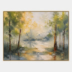 Expressionist landscapes & seascapes & cityscapes oil painting showing a painterly landscape with distant hills, trees or reflective water in a yellow palette.